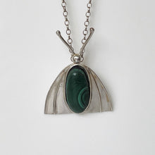 Load image into Gallery viewer, Vintage Sterling Silver And Malachite Moth Pendant. Art Nouveau Revival Pendant Necklace. Antique Arts &amp; Crafts Style Pendant and Chain.
