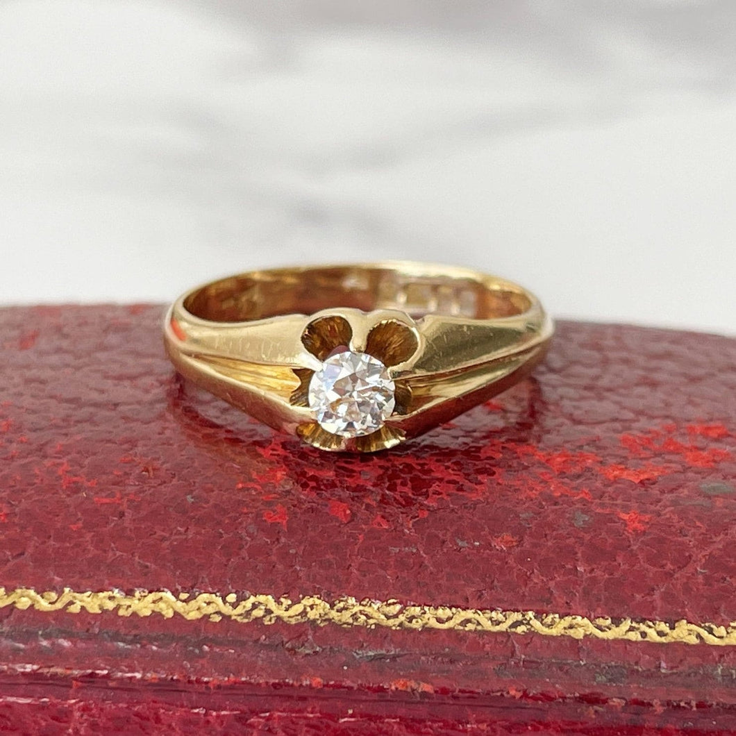 Victorian 18ct Gold & Diamond Belcher Ring, Hallmarked London 1897. Antique Old European Cut 0.25ct Diamond Solitaire Ring. Yellow Gold Ring