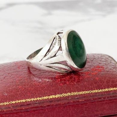 Antique Arts & Crafts Malachite Ring. Edwardian Sterling Silver Banded Green Agate Dome Ring. Unisex Statement Ring: Size US 9/UK S/EU 59