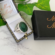 Load image into Gallery viewer, Antique Arts &amp; Crafts Malachite Ring. Edwardian Sterling Silver Banded Green Agate Dome Ring. Unisex Statement Ring: Size US 9/UK S/EU 59
