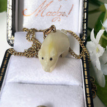 Load image into Gallery viewer, Antique Victorian Pearl Pig Pendant On 12ct Gold Fill Chain. Carved Mother of Pearl Victorian Lucky Pig Charm. Good Luck Token Jewelry Gift
