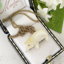 Load image into Gallery viewer, Antique Victorian Pearl Pig Pendant On 12ct Gold Fill Chain. Carved Mother of Pearl Victorian Lucky Pig Charm. Good Luck Token Jewelry Gift
