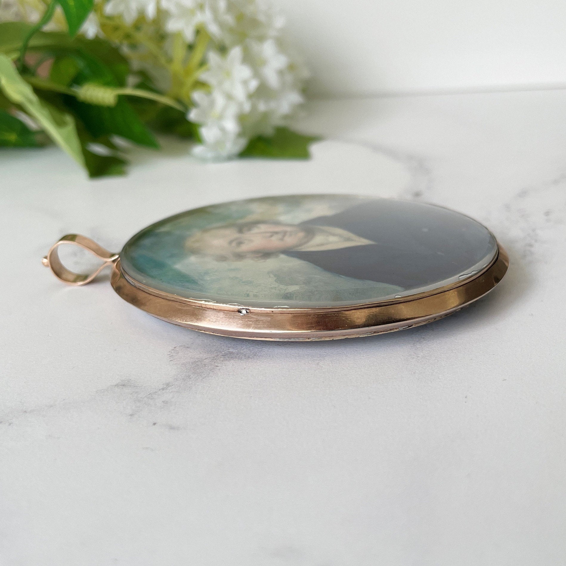 Antique Georgian 9ct Gold Miniature Portrait Locket With Hair Work. Large Gold Mourning/Sentimental Locket, Prince Of Wales Feathers, Pearls