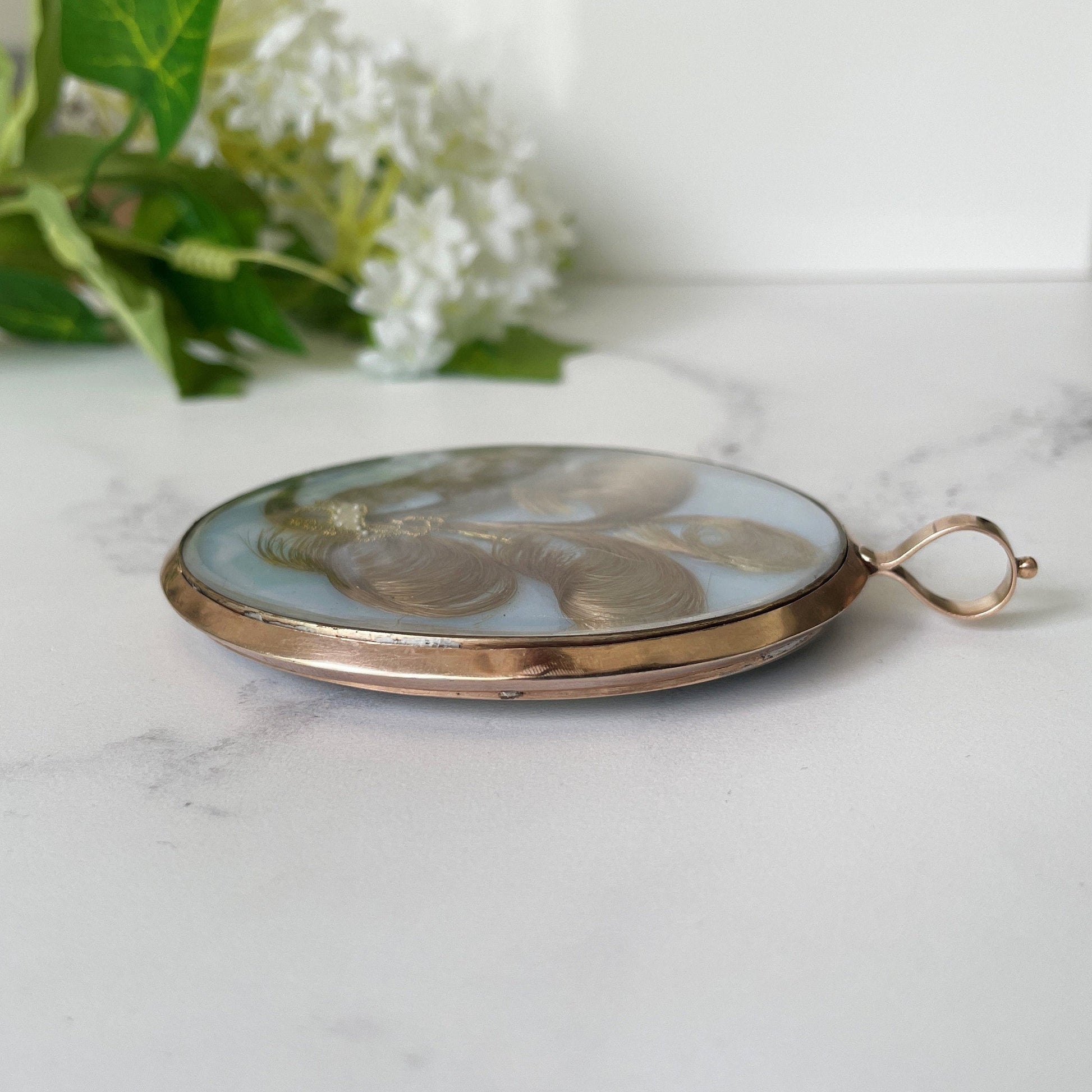 Antique Georgian 9ct Gold Miniature Portrait Locket With Hair Work. Large Gold Mourning/Sentimental Locket, Prince Of Wales Feathers, Pearls