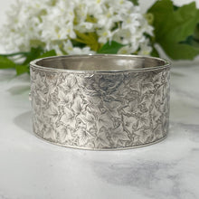 Cargar imagen en el visor de la galería, Antique Victorian Engraved Silver Wide Cuff Bracelet. Sterling Silver Aesthetic Engraved Ivy Cuff. English Sweetheart Bangle, 1881 Hallmark
