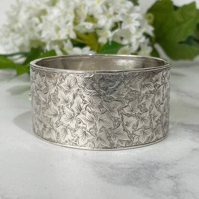 Antique Victorian Engraved Silver Wide Cuff Bracelet. Sterling Silver Aesthetic Engraved Ivy Cuff. English Sweetheart Bangle, 1881 Hallmark