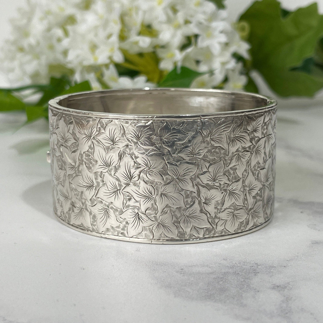 Antique Victorian Engraved Silver Wide Cuff Bracelet. Sterling Silver Aesthetic Engraved Ivy Cuff. English Sweetheart Bangle, 1881 Hallmark