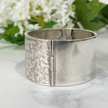 Load image into Gallery viewer, Antique Victorian Engraved Silver Wide Cuff Bracelet. Sterling Silver Aesthetic Engraved Ivy Cuff. English Sweetheart Bangle, 1881 Hallmark
