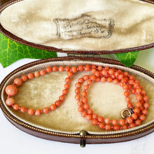 Load image into Gallery viewer, Antique Red Coral Graduated Bead Necklace. 1920s Salmon Pink Natural Mediterranean Coral Necklace, Hand Knotted, Gold Clasp, 16-1/2&quot; 46cm

