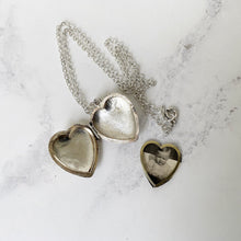 Cargar imagen en el visor de la galería, Vintage Sterling Silver Heart Locket Necklace. 1960s Baby Photo Love Heart Locket &amp; Chain. Edwardian Retro Floral Engraved Sweetheart Locket
