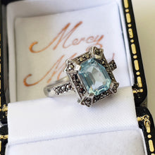 Cargar imagen en el visor de la galería, Antique Art Deco Blue Topaz Ring. Sterling Silver &amp; Marcasite Geometric Ring. Vintage Emerald Cut Paste Gemstone Ring, Size L/UK, 5-3/4 US
