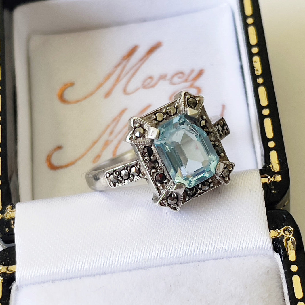Antique Art Deco Blue Topaz Ring. Sterling Silver & Marcasite Geometric Ring. Vintage Emerald Cut Paste Gemstone Ring, Size L/UK, 5-3/4 US