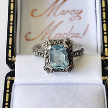 Cargar imagen en el visor de la galería, Antique Art Deco Blue Topaz Ring. Sterling Silver &amp; Marcasite Geometric Ring. Vintage Emerald Cut Paste Gemstone Ring, Size L/UK, 5-3/4 US
