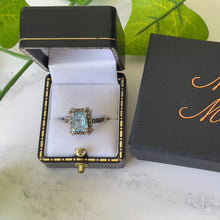 Load image into Gallery viewer, Antique Art Deco Blue Topaz Ring. Sterling Silver &amp; Marcasite Geometric Ring. Vintage Emerald Cut Paste Gemstone Ring, Size L/UK, 5-3/4 US
