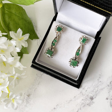 Antique Victorian 15ct Gold Diamond & Emerald Earrings. Diamond Cluster Flower Earrings. Victorian Long Pendant Earrings