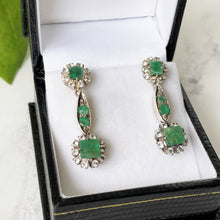 Cargar imagen en el visor de la galería, Antique Victorian 15ct Gold Diamond &amp; Emerald Earrings. Diamond Cluster Flower Earrings. Victorian Long Pendant Earrings
