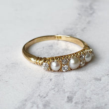Cargar imagen en el visor de la galería, Antique Edwardian 18ct Gold Diamond Pearl Ring. Pearl Trilogy Ring. Antique Half Band Hoop Ring, Wedding, Engagement, Anniversary Ring
