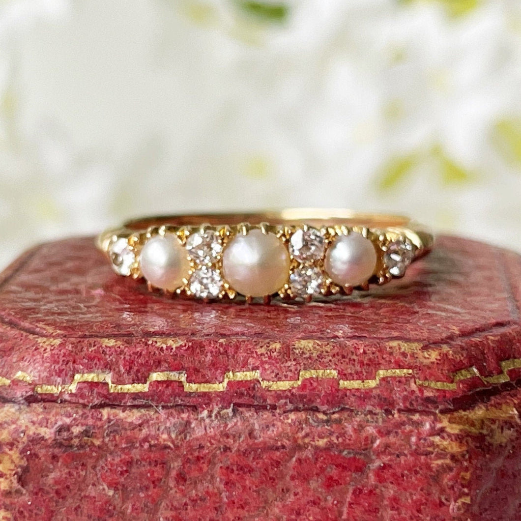 Antique Edwardian 18ct Gold Diamond Pearl Ring. Pearl Trilogy Ring. Antique Half Band Hoop Ring, Wedding, Engagement, Anniversary Ring