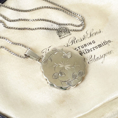 Vintage English Sterling Silver Round Locket. Round Scalloped Locket, Engraved Vines and Star. Vintage 2-Photo Locket, Adjustable Box Chain.