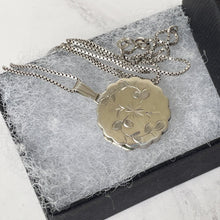 Load image into Gallery viewer, Vintage English Sterling Silver Round Locket. Round Scalloped Locket, Engraved Vines and Star. Vintage 2-Photo Locket, Adjustable Box Chain.
