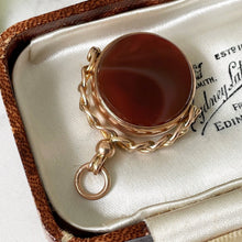 Load image into Gallery viewer, Victorian 9ct Gold Locket Style Fob. Scottish Carnelian &amp; Engraved Initials Spinner Fob. Antique Victorian Love Token, Sweetheart Pendant
