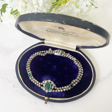Antique Art Deco Paste Diamond & Emerald Bracelet. 1920s Sterling Silver Articulated Bracelet. Emerald Cut Green Gemstone Bracelet.