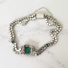Carica l&#39;immagine nel visualizzatore di Gallery, Antique Art Deco Paste Diamond &amp; Emerald Bracelet. 1920s Sterling Silver Articulated Bracelet. Emerald Cut Green Gemstone Bracelet.
