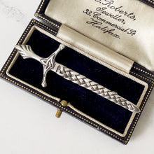 Load image into Gallery viewer, Vintage Scottish Silver Sword Kilt Pin. Celtic Knot Work Broadsword Brooch Pin, Chester 1957. Scottish Plaid/Tartan Pin, Formal Kilt Pin
