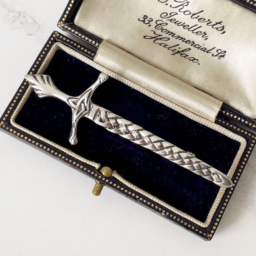 Vintage Scottish Silver Sword Kilt Pin. Celtic Knot Work Broadsword Brooch Pin, Chester 1957. Scottish Plaid/Tartan Pin, Formal Kilt Pin