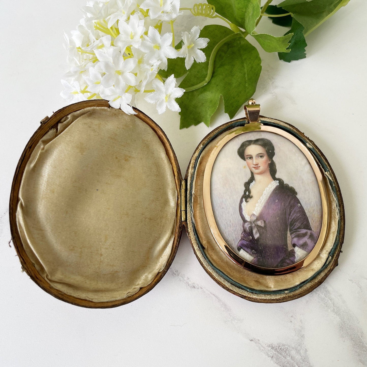 Antique Georgian 18ct Gold Portrait Miniature Locket. Cased 2-Sided Gold & Blue Enamel Love Token/Sentimental Locket With Gold Monogram.