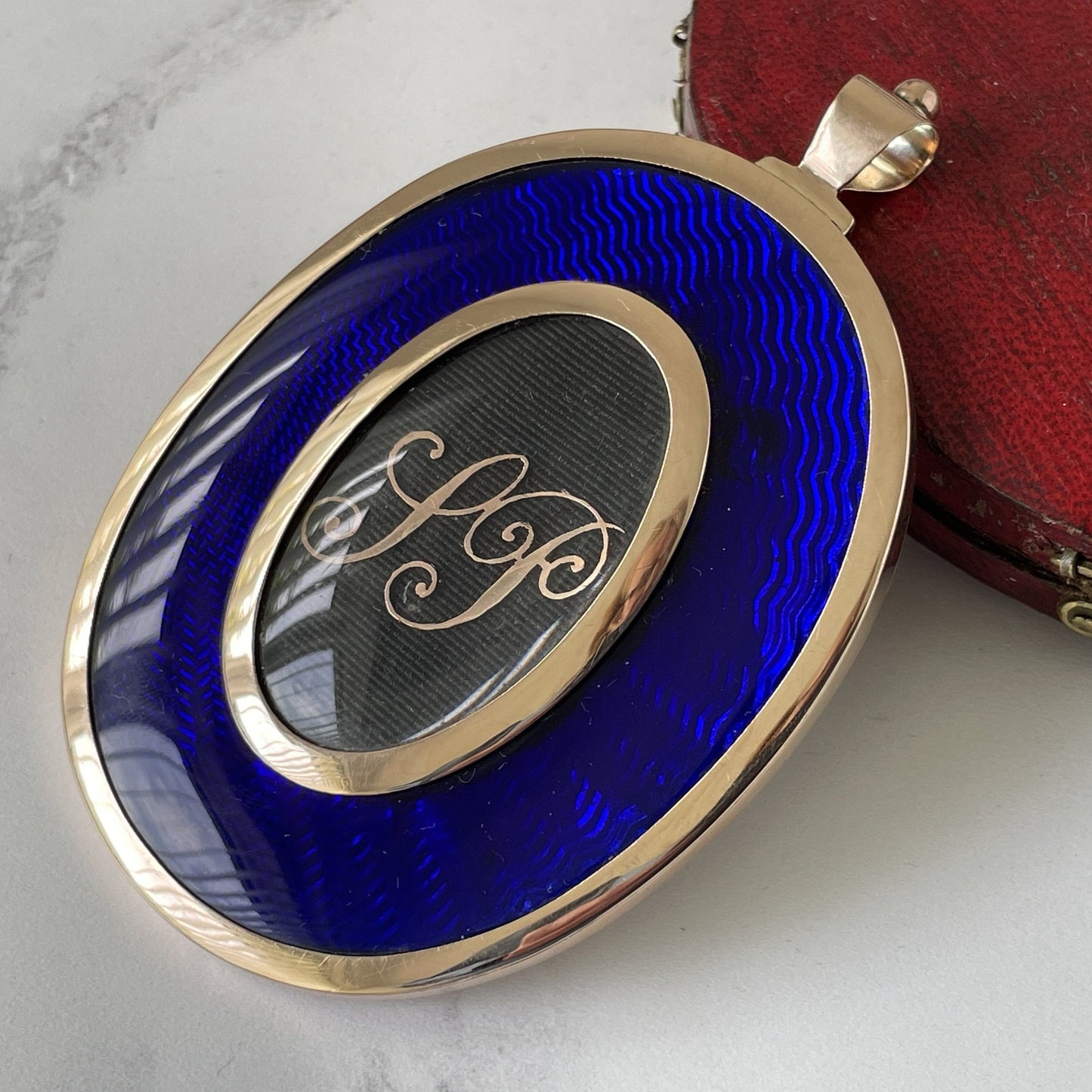 Antique Georgian 18ct Gold Portrait Miniature Locket. Cased 2-Sided Gold & Blue Enamel Love Token/Sentimental Locket With Gold Monogram.