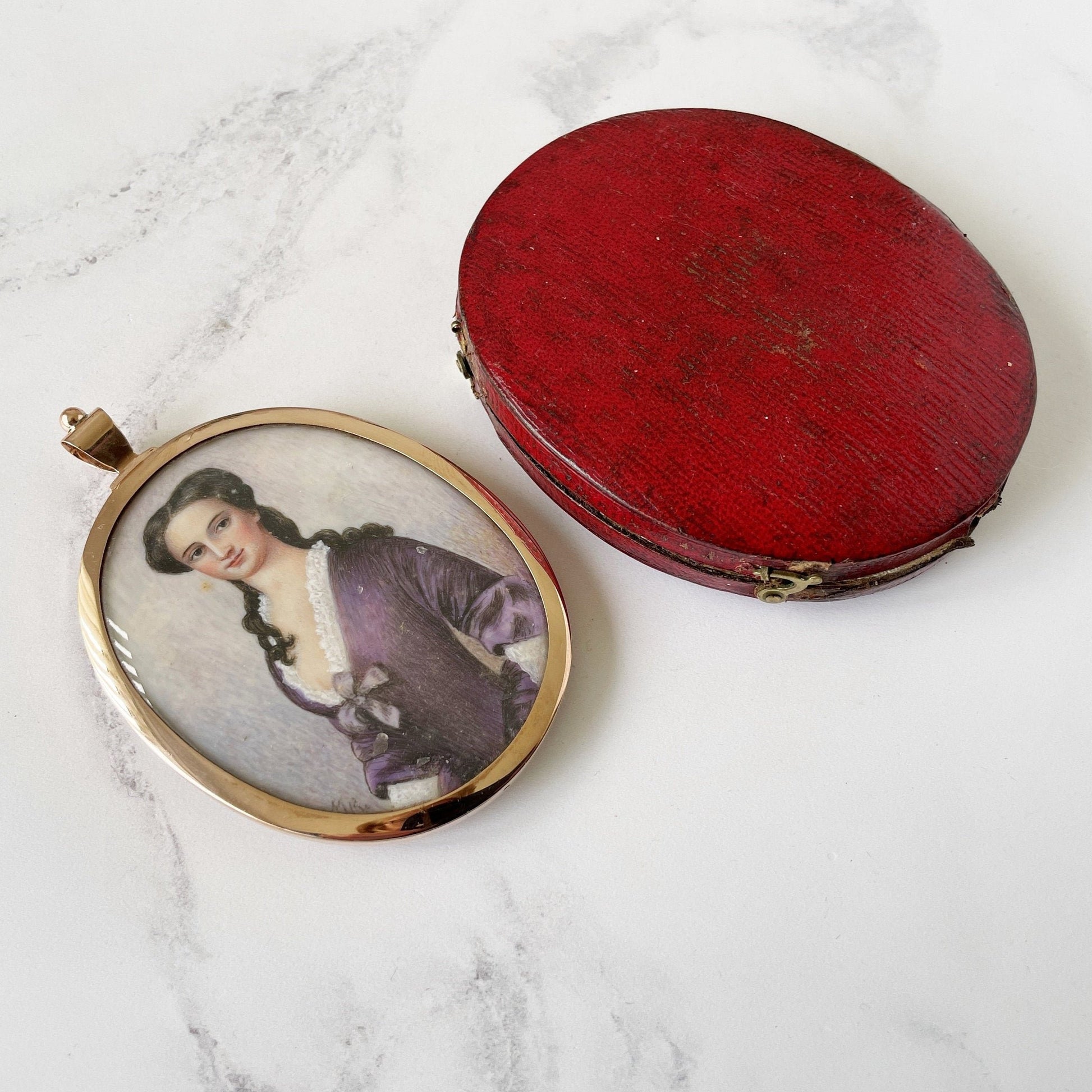 Antique Georgian 18ct Gold Portrait Miniature Locket. Cased 2-Sided Gold & Blue Enamel Love Token/Sentimental Locket With Gold Monogram.