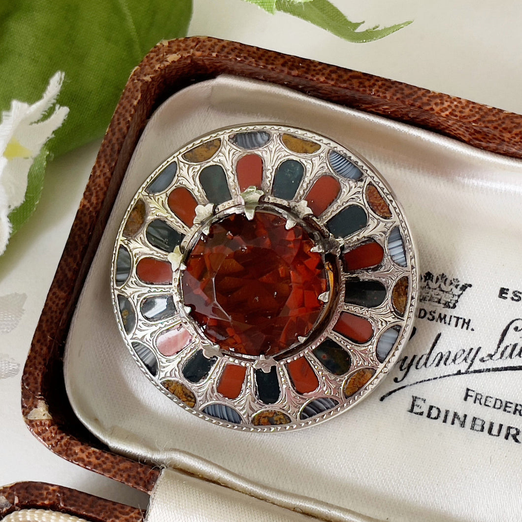 Victorian Scottish Silver Mixed Agate & Citrine Brooch. Antique Celtic Shield Cairngorm Brooch. Banded Agate, Bloodstone, Carnelian Brooch.