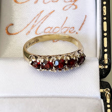 Cargar imagen en el visor de la galería, Vintage 9ct Gold 5 Stone Bohemian Garnet Ring. English Edwardian Revival Half Hoop Ring. Antique Style Stacking/Pinky Ring US 4-1/2/UK I
