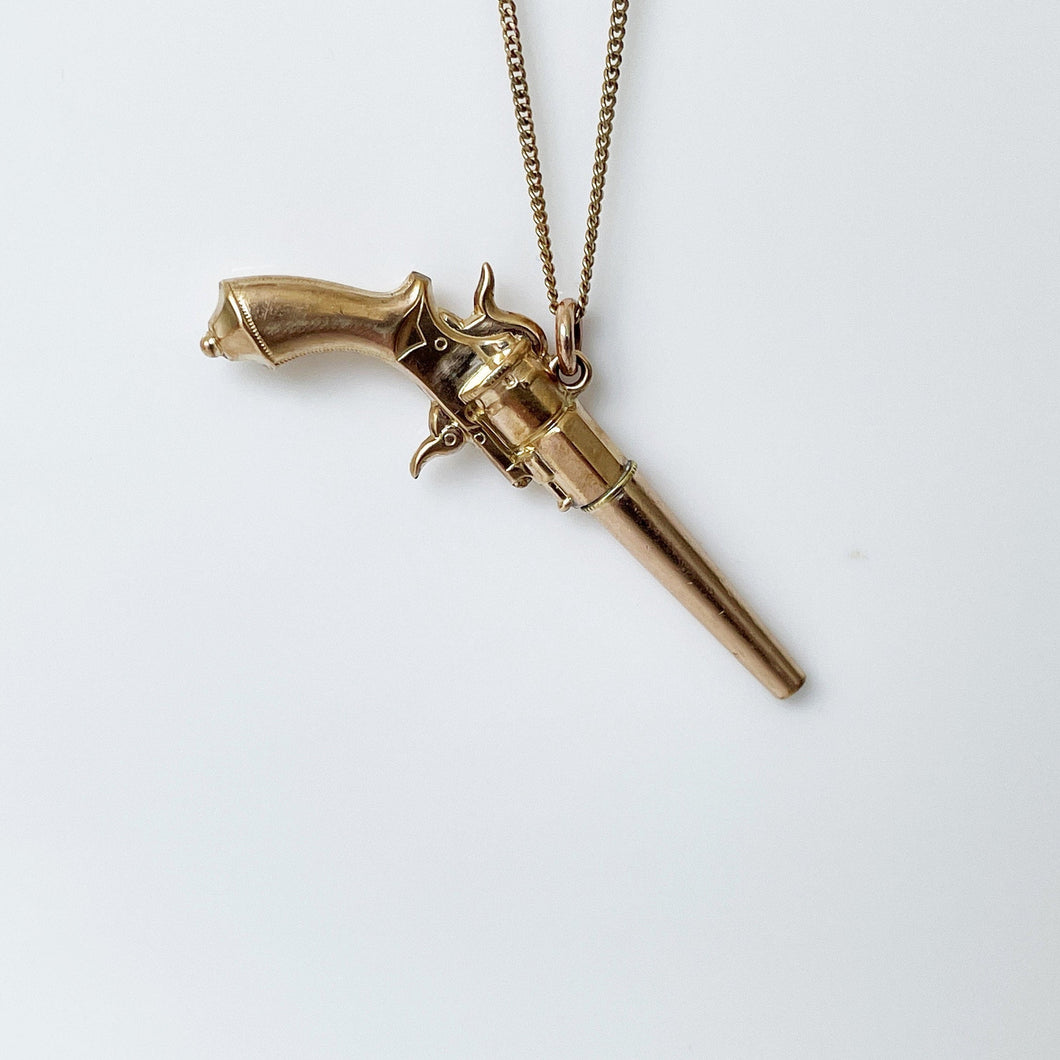 Victorian Gold Gilt Revolver Watch Key Pendant. Antique Gun Pendant On 9ct Gold Chain. Edwardian Gold Pocket Watch Key Novelty Fob.