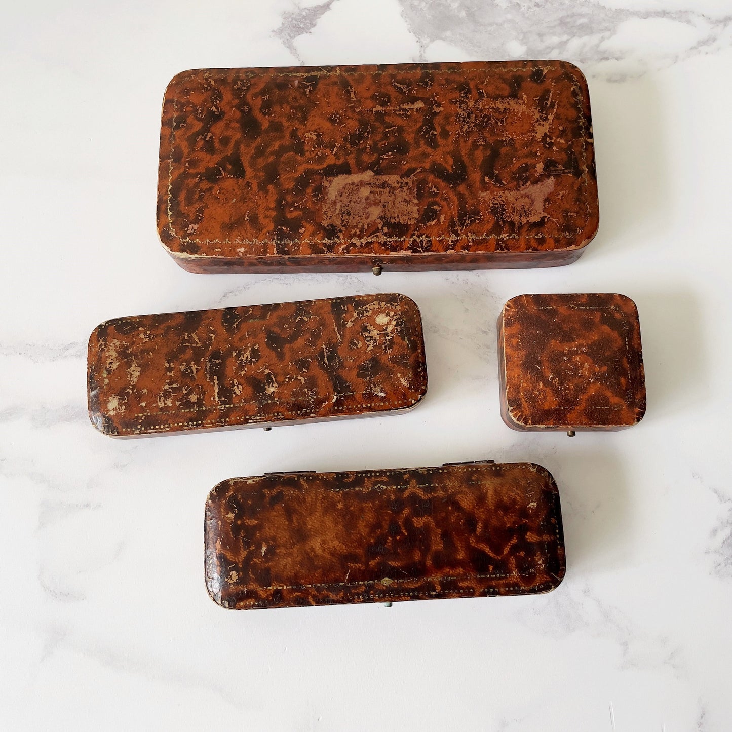 Four Retailers Antique Jewellery Boxes. British Victorian/Edwardian Tortoiseshell Leather Boxes. Antique Bracelet/Watch/Pendant/Necklace Box