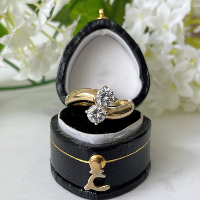 Vintage 14ct Gold Toi Et Moi CZ Diamond Ring & Heart Box. Gold Bypass Snake Ring. 2-Stone Engagement/Anniversary Ring, Size UK/M, US/6-1/4