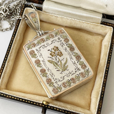 Antique Victorian Sterling Silver & Gold Aesthetic Locket. Large Book Style Locket With Tintype Photo, British Registry Lozenge Mark, 1881