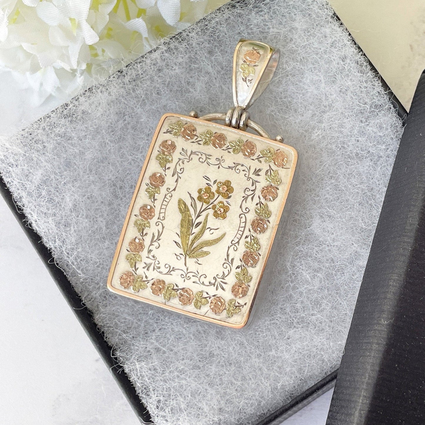 Antique Victorian Sterling Silver & Gold Aesthetic Locket. Large Book Style Locket With Tintype Photo, British Registry Lozenge Mark, 1881