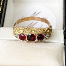 Cargar imagen en el visor de la galería, Antique Edwardian Red Garnet &amp; Diamond 9ct Gold Ring. 3 Stone Carved Gold Boat Style Ring, Chester 1911, Size 5.75 US / L UK / 51.5 EU
