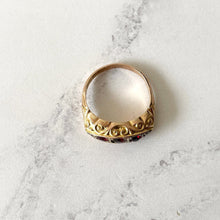 Cargar imagen en el visor de la galería, Antique Edwardian Red Garnet &amp; Diamond 9ct Gold Ring. 3 Stone Carved Gold Boat Style Ring, Chester 1911, Size 5.75 US / L UK / 51.5 EU
