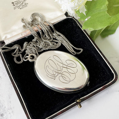 Antique Edwardian Silver Locket Compact. Very Large Chatelaine Locket. Engraved Monogram. Layering Necklace Pendant With Mirror