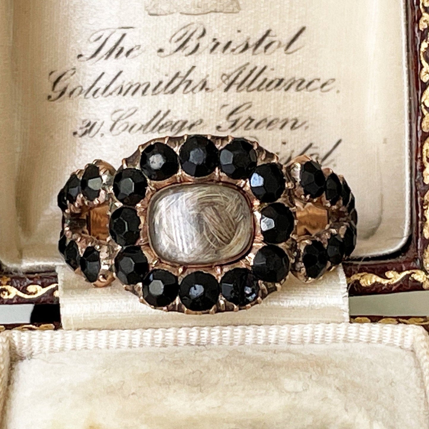 Antique Georgian 18ct Gold Mourning Ring, Engraved 1815. Gents Stuart Crystal Black Paste Memorial Ring With Hair Compartment. Regency Ring