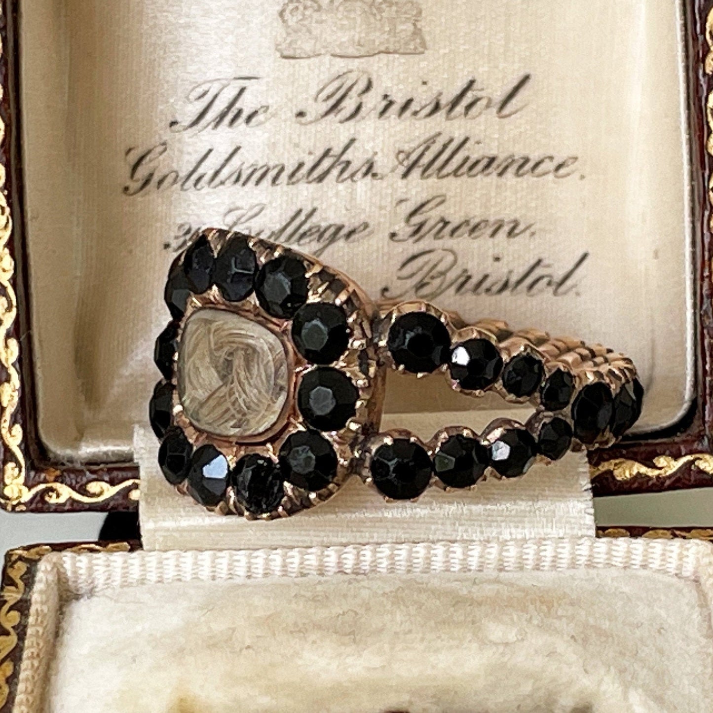 Antique Georgian 18ct Gold Mourning Ring, Engraved 1815. Gents Stuart Crystal Black Paste Memorial Ring With Hair Compartment. Regency Ring