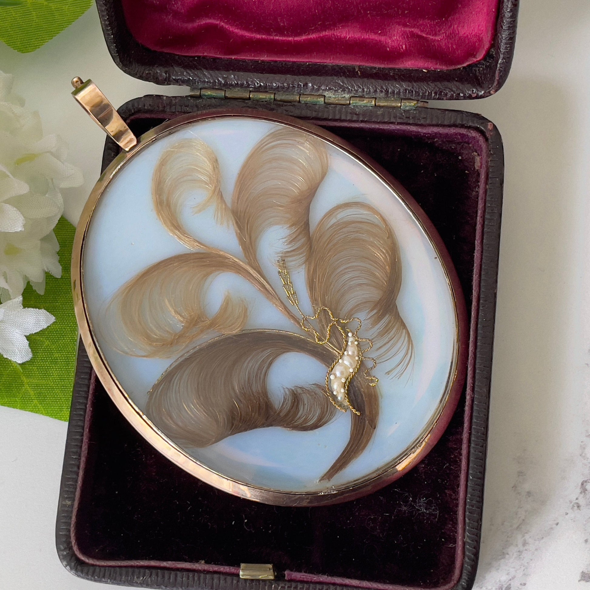 Antique Georgian 9ct Gold Miniature Portrait Locket With Hair Work. Large Gold Mourning/Sentimental Locket, Prince Of Wales Feathers, Pearls