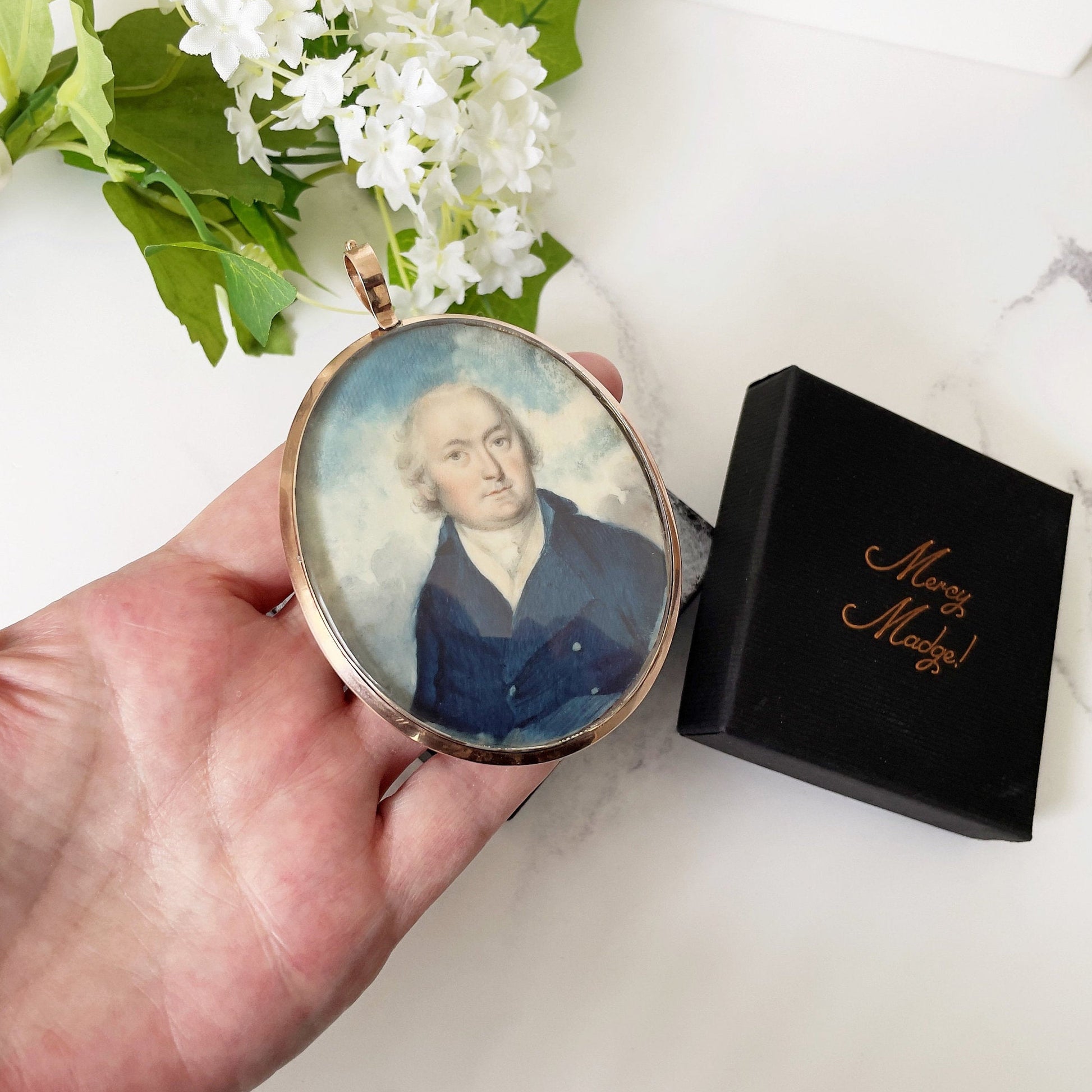 Antique Georgian 9ct Gold Miniature Portrait Locket With Hair Work. Large Gold Mourning/Sentimental Locket, Prince Of Wales Feathers, Pearls