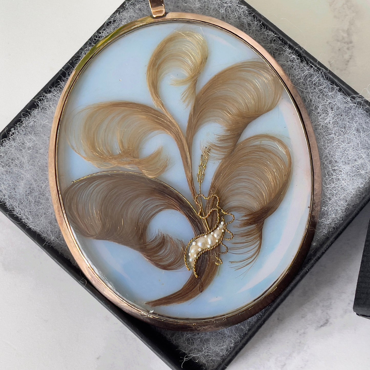 Antique Georgian 9ct Gold Miniature Portrait Locket With Hair Work. Large Gold Mourning/Sentimental Locket, Prince Of Wales Feathers, Pearls