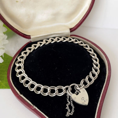 Vintage Silver Love Heart Padlock Bracelet, Hallmarked Charles Horner 1976. Sterling Silver Double Curb Link Sweetheart Bracelet.