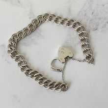 Load image into Gallery viewer, Vintage Silver Love Heart Padlock Bracelet, Hallmarked Charles Horner 1976. Sterling Silver Double Curb Link Sweetheart Bracelet.
