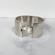 Load image into Gallery viewer, Antique Victorian Engraved Silver Wide Cuff Bracelet. Sterling Silver Aesthetic Engraved Ivy Cuff. English Sweetheart Bangle, 1881 Hallmark
